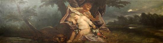 English School c.1900 Putti in classical landscapes, 17.5 x 66.5in, one 17.5 x 64in.